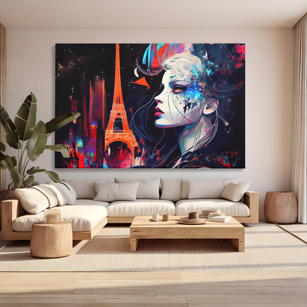 Tablou canvas cu tablou canvas cu femeie si turnul eiffel, fara rama, pe sasiu de lemn, pe perete intr-un living